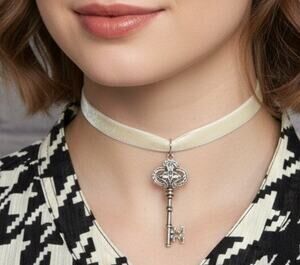 Handmade Ivory Velvet Skeleton Key Choker Necklace